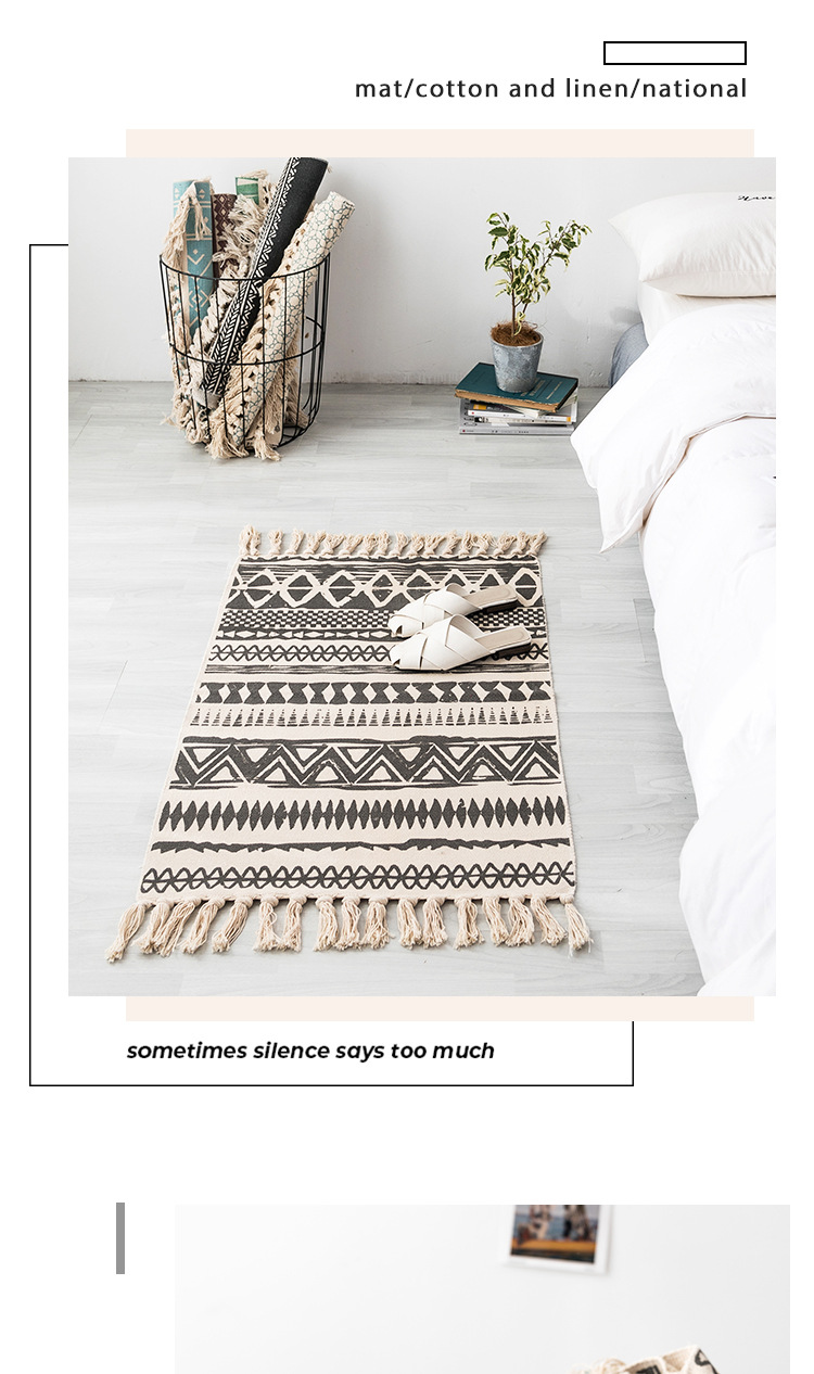 Cross-border Nordic ethnic style cotton and linen printed retro plain thin carpet study and bedroom floor mat, hand-woven pic 19