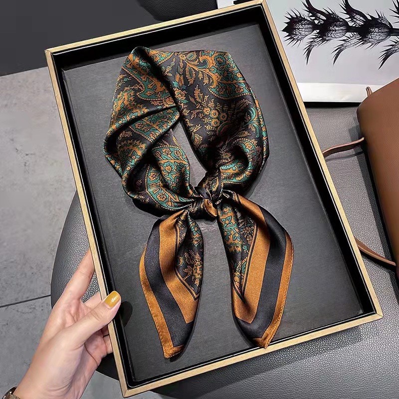 Wholesale of new 70 small square scarves, retro three-dimensional letter printed scarves, professional wear neckerchiefs, and faux silk scarves Specification image