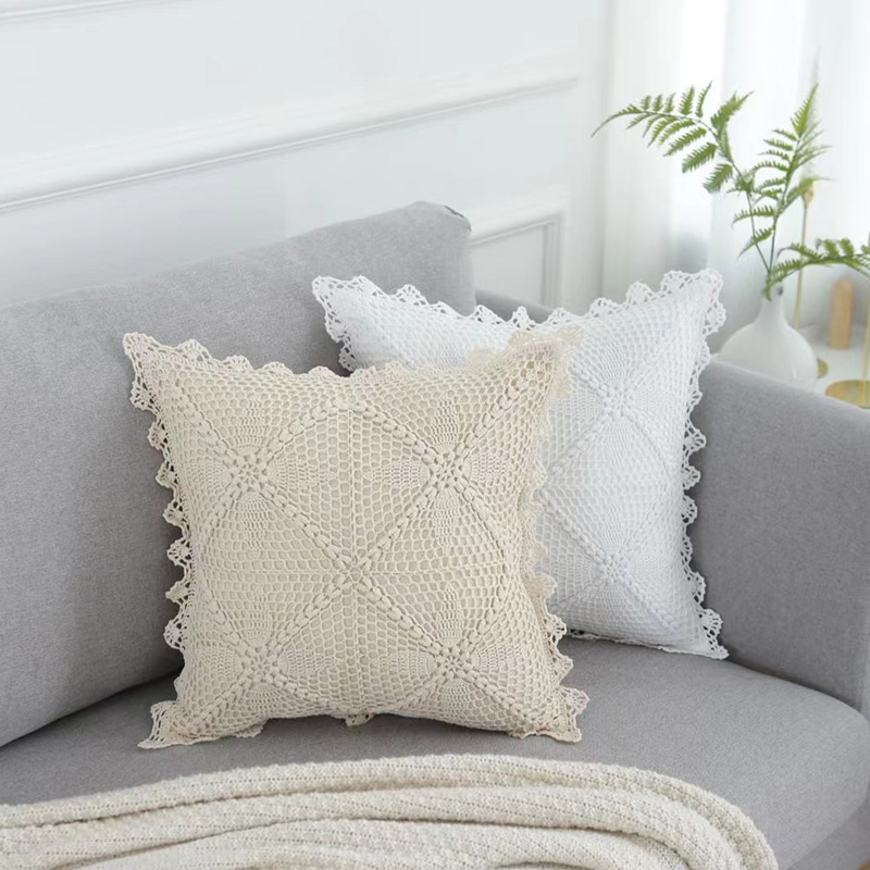 Handcrafted crocheted cotton thread woven hollowed-out beige retro living room sofa cushions at No. 5 Flower Street Application Scenario