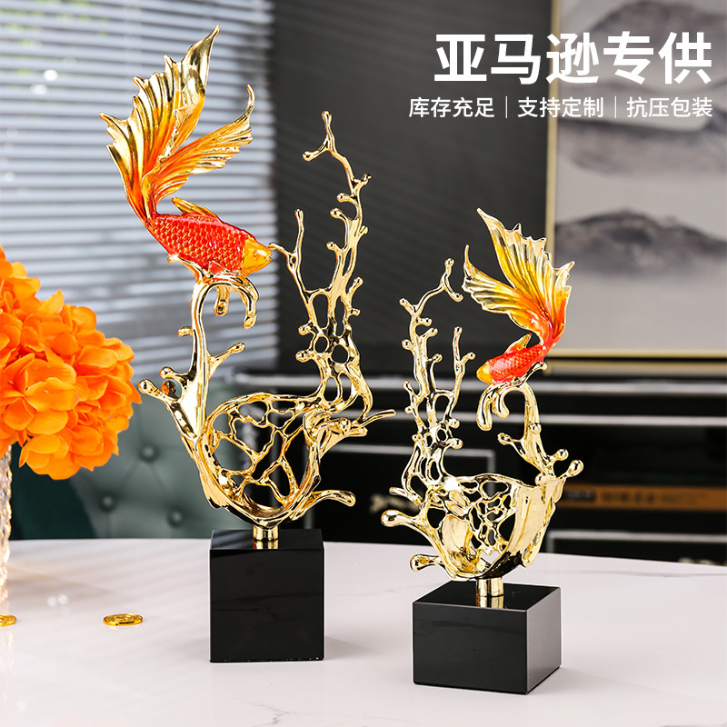 跨境新中式珐琅彩轻奢锦鲤摆件高级感家居合金水晶装饰工艺品批发
