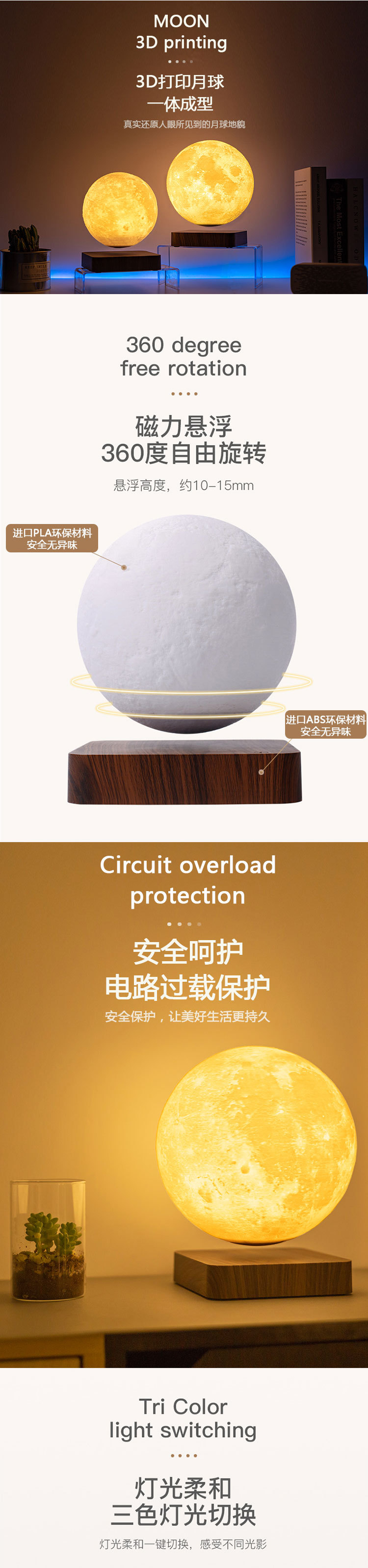 Magnetic levitation 14cm 6-inch moon lamp, 3D printed moon lamp, home decoration, bedside lamp, Zhaoqing Yuan Tou Factory pic 2