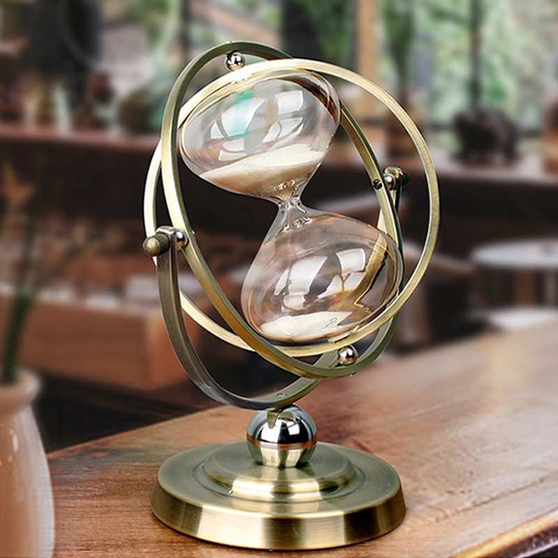 Metal rotating globe, hourglass timer, metal creative decorative items, home gifts, flowing sand handicrafts, decorative items Specification image