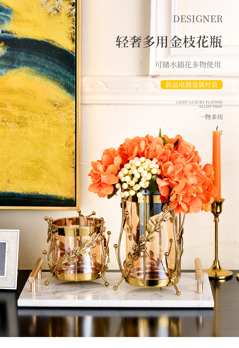 Thickened modern metal floral vase, Nordic light luxury dining table, special decorative glass ornament for dried flower arrangement pic 3