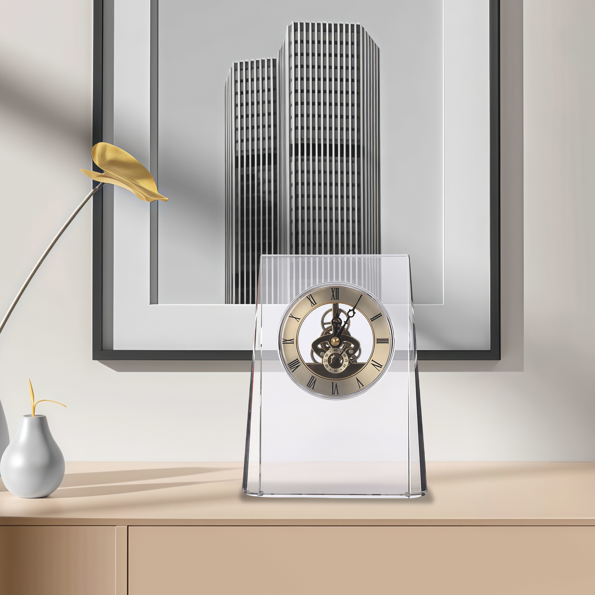 Crystal table clock, mechanical clock ornaments, living room entrance, bookcase, model room decoration, home soft furnishings, business gifts