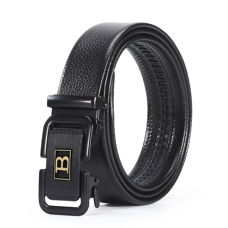 Wholesale of belt-driven men's young and trendy jeans that are fashionable and versatile, letted-style best-selling automatic buckle faux leather belt Item Picture