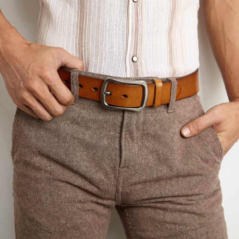 Men's casual handcrafted leather top layer, cowhide belt, genuine leather men's retro cowhide belt, simple and versatile wholesale details Picture