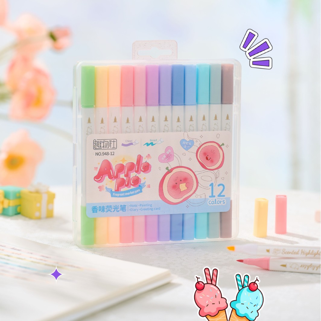 Double soft-tipped fruit-scented highlighters with a wide variety of cartoon colors to choose from. The pen colors are fine and clear, marking graffiti brushes Item Picture