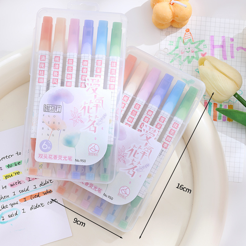 Double-headed flower-scented highlighter pens, children's gifts, office supplies, art and drawing pens, diy flower-scented eye-protecting six-color brushes Specification drawing
