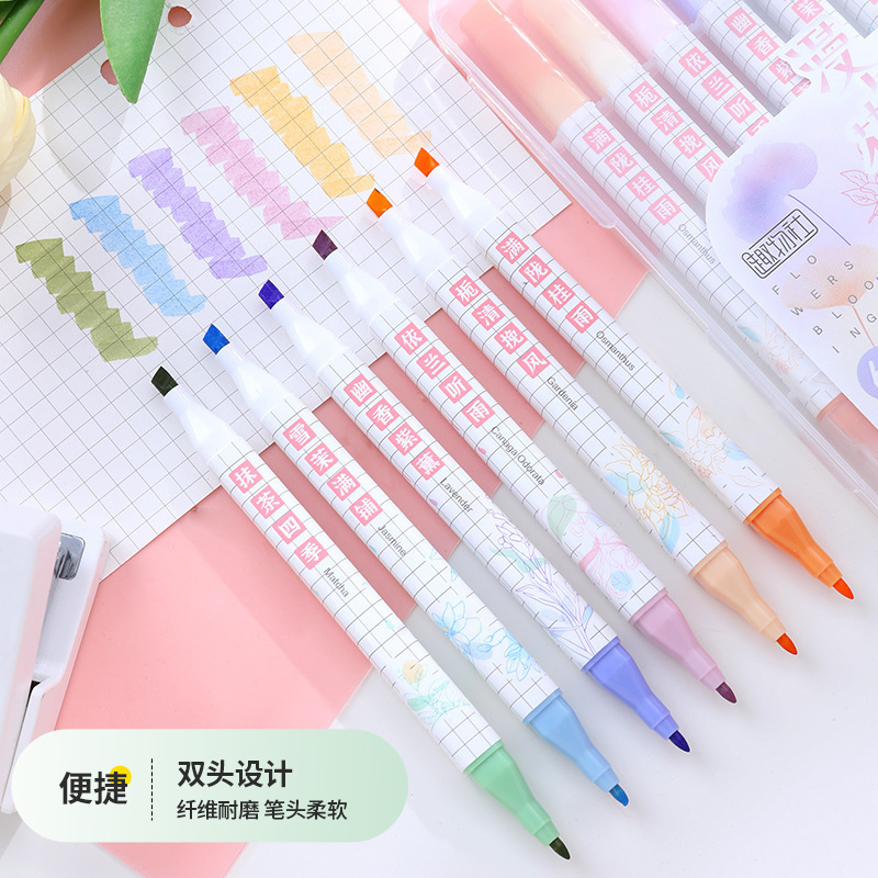 Double-headed flower-scented highlighter pens, children's gifts, office supplies, art and drawing pens, diy flower-scented eye-protecting six-color brushes Item Picture