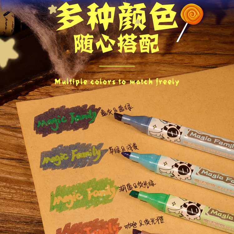 The dual-head color-changing flash highlighter is a multi-functional fluorescent pen specially designed for marking, writing and doodling in the Magic family Specification drawing