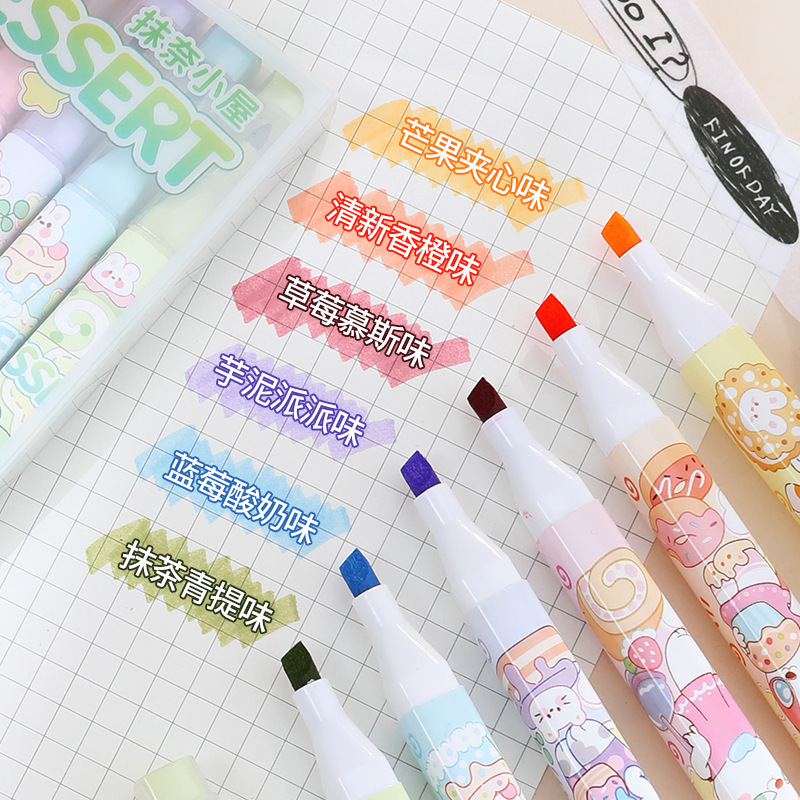 Fruit-scented double-headed highlighters, coloring and coloring art brushes, key marking eye-protecting office supplies, painting pens Item Picture