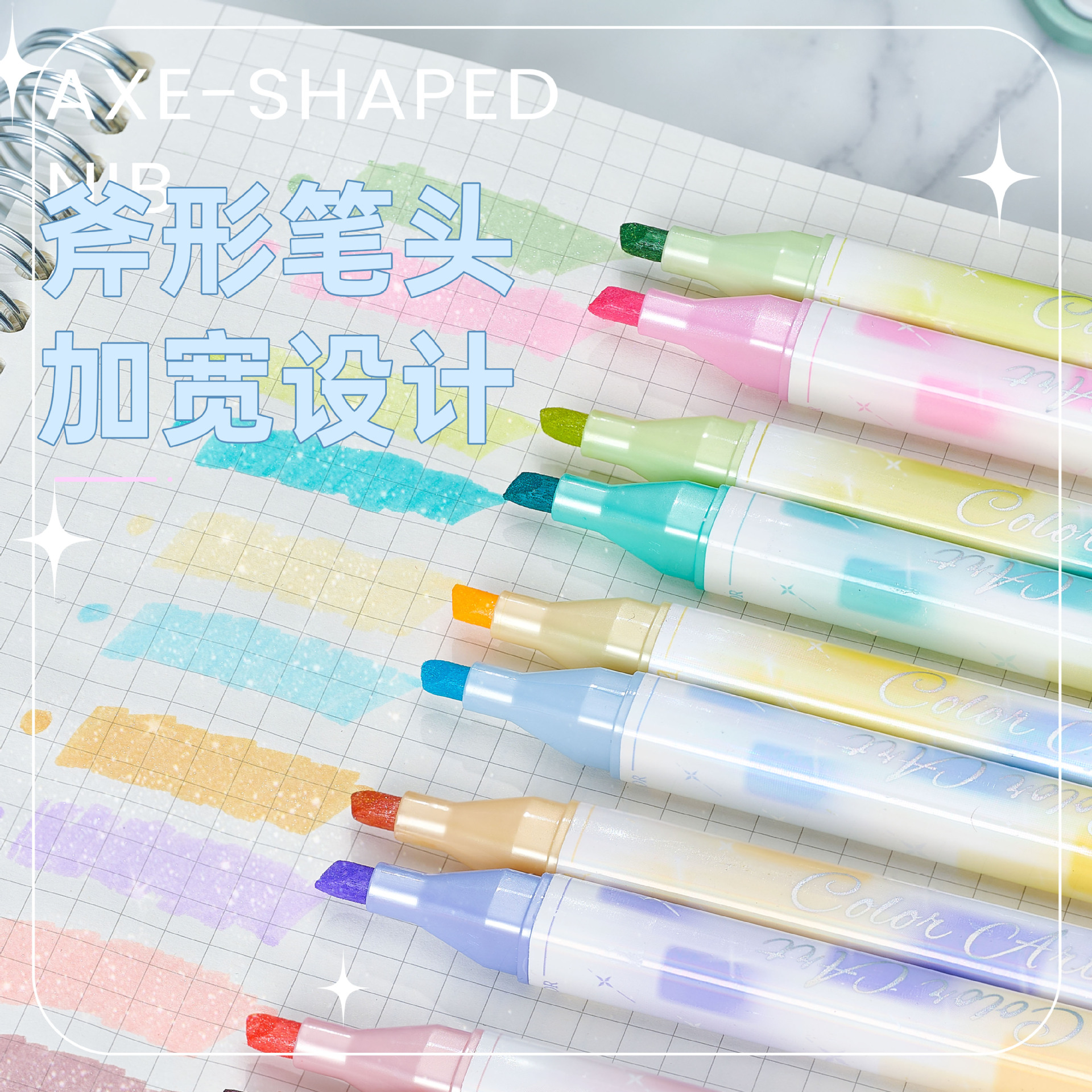 Dual-head, dual-color, soft and eye-protecting flash highlighter pen, specially designed for learning and office use, highlighting and marking planner flash brush details Picture