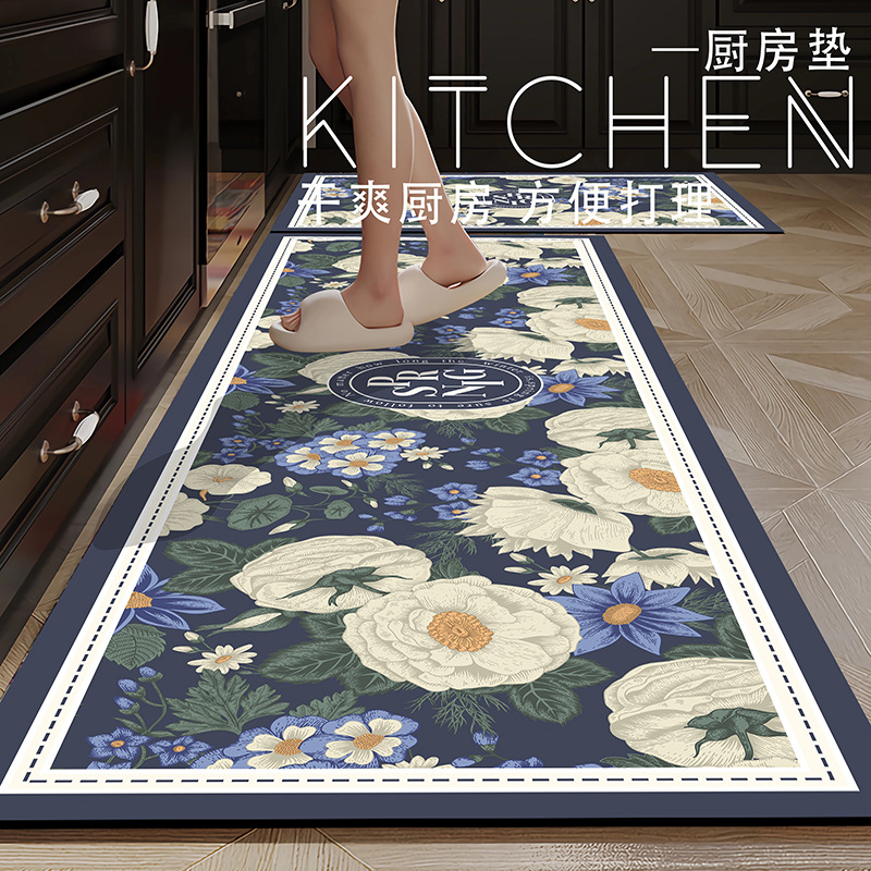 Forest leather kitchen floor mat, anti-slip, oil-proof, erasable and no-wash PVC floor mat, long strip floral floor mat