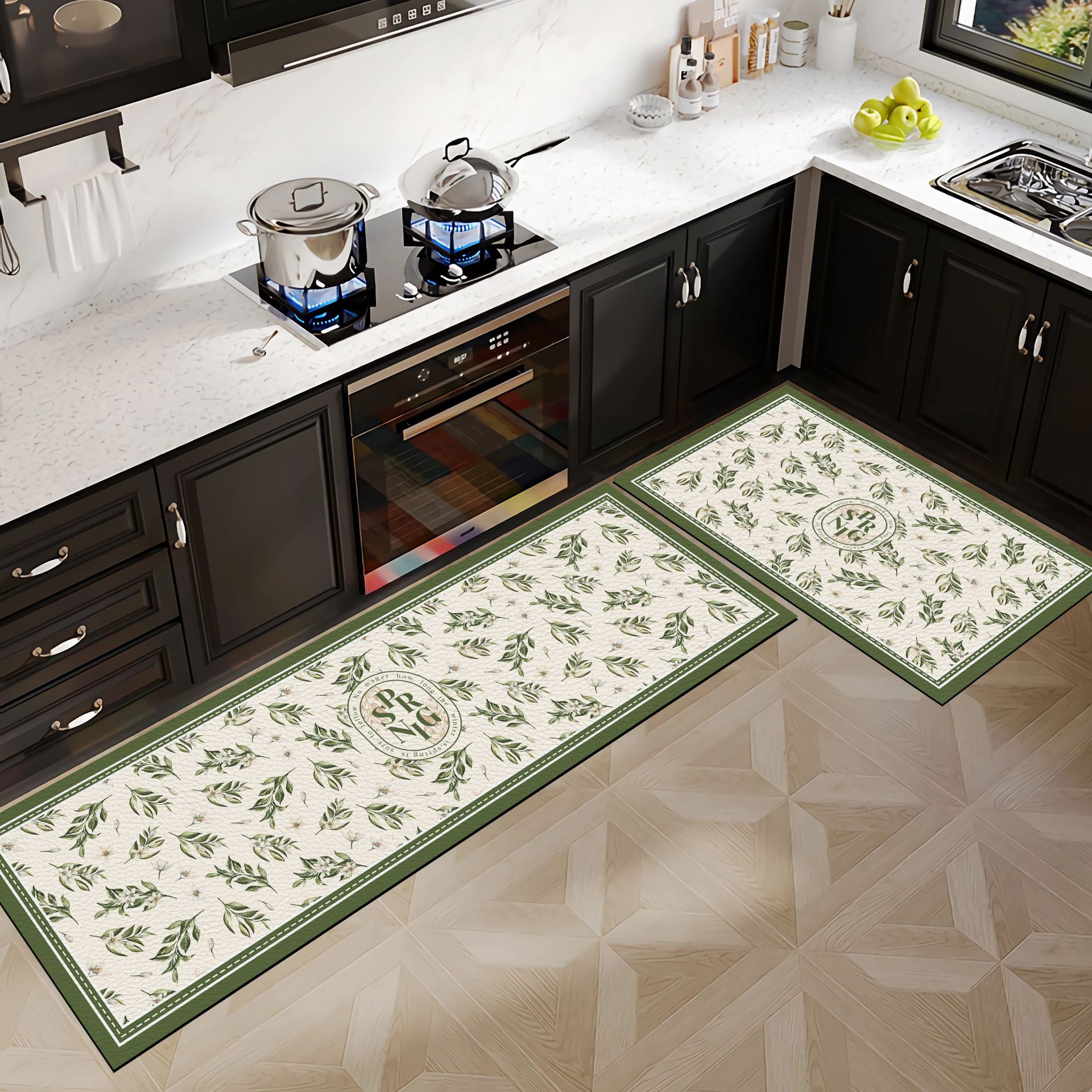 Forest leather kitchen floor mat, anti-slip, oil-proof, erasable and no-wash PVC floor mat, long strip floral floor mat Item Picture