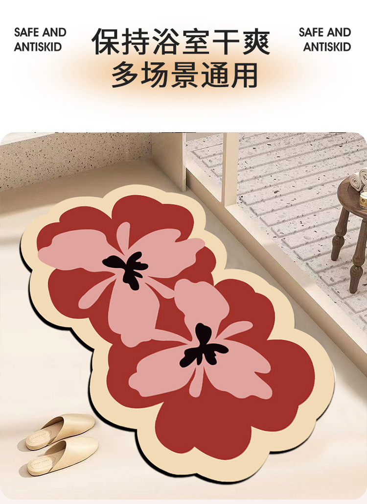 INS家用硅藻泥吸水垫卫生间进门速干耐磨脚垫清新花朵浴室防滑垫详情10