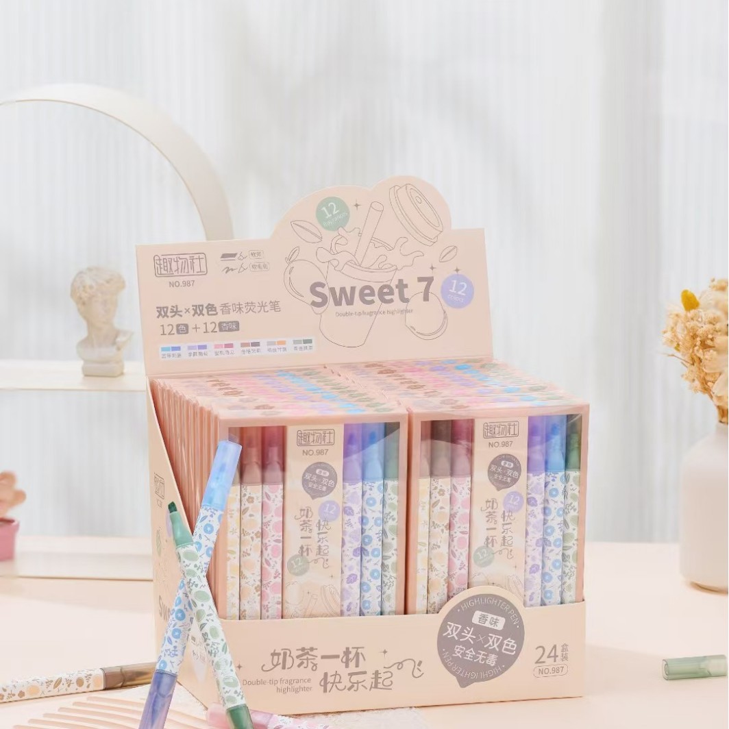 双头双色荧光笔套装记号笔学生画笔含12种香味荧光标记笔文具用品