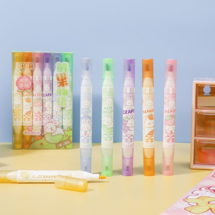 6-color soft double-headed highlighters, fruit-scented student note-taking markers for highlighting key points, children's planner doodles full figure