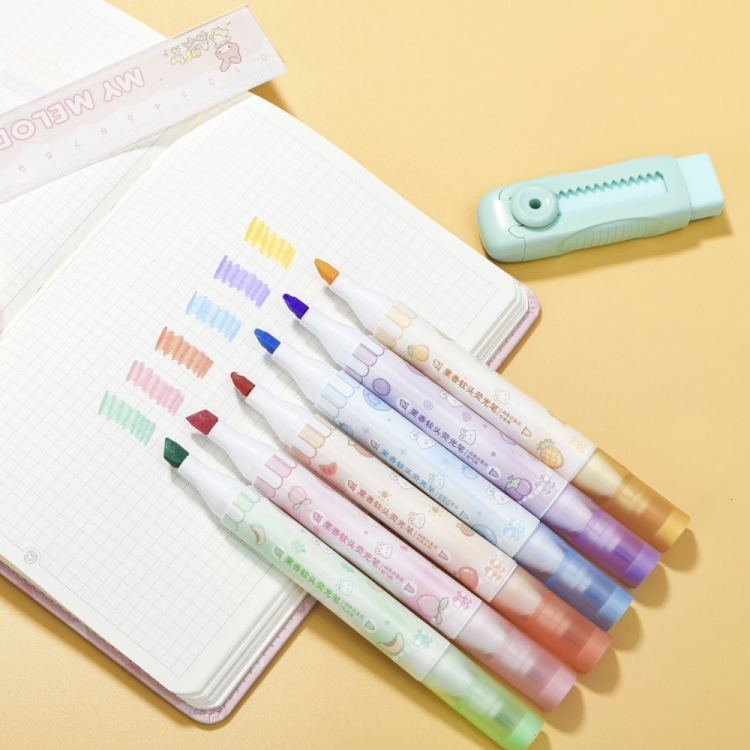 6-color soft double-headed highlighters, fruit-scented student note-taking markers for highlighting key points, children's planner doodles Specification drawing