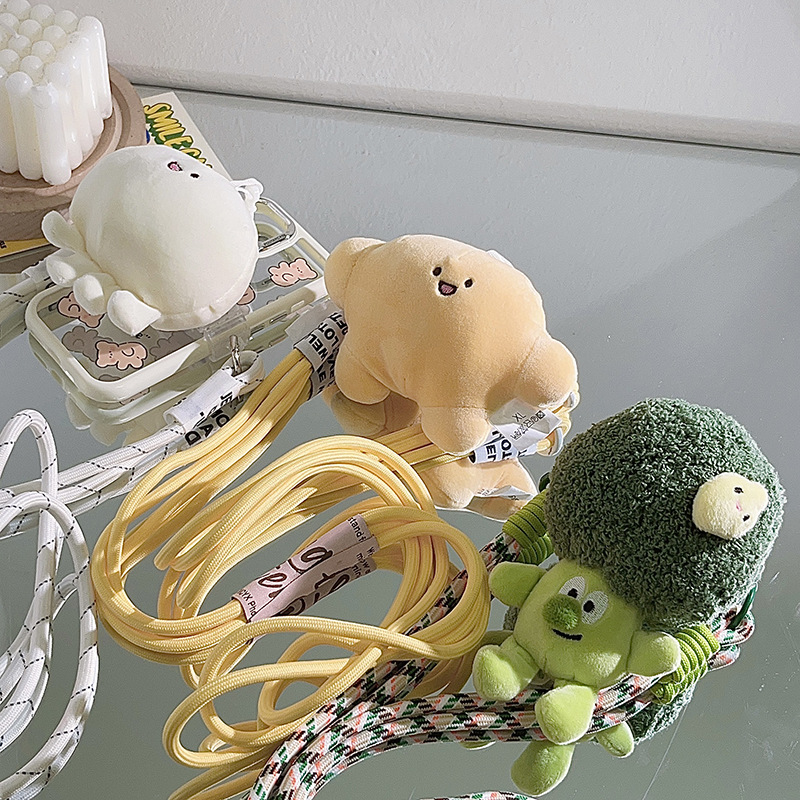 可爱毛绒兰花公仔背夹式手机斜跨长绳户外旅游挂脖编织绳侧挂背带详情2