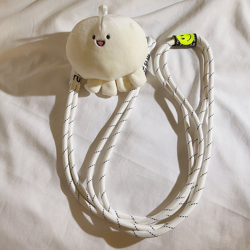 可爱毛绒兰花公仔背夹式手机斜跨长绳户外旅游挂脖编织绳侧挂背带详情8