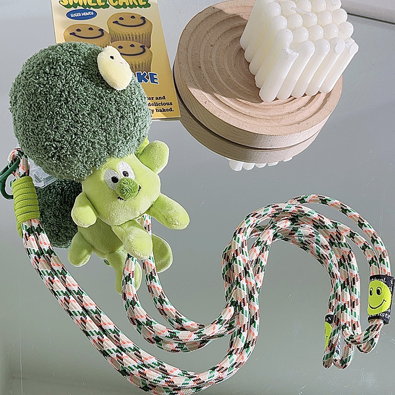 可爱毛绒兰花公仔背夹式手机斜跨长绳户外旅游挂脖编织绳侧挂背带