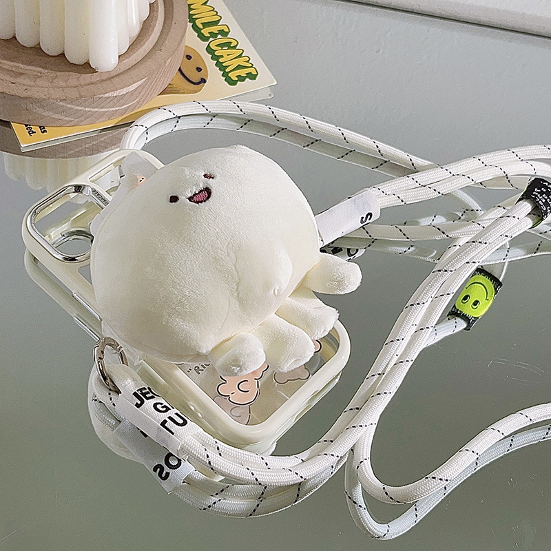 可爱毛绒兰花公仔背夹式手机斜跨长绳户外旅游挂脖编织绳侧挂背带详情6