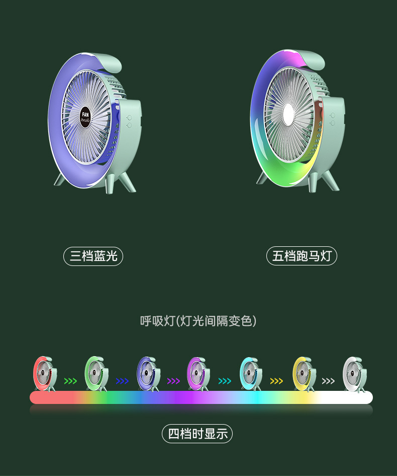 跨境幻彩跑马灯风扇桌面氛围灯办公usb充电家用迷你便携式电风扇详情11