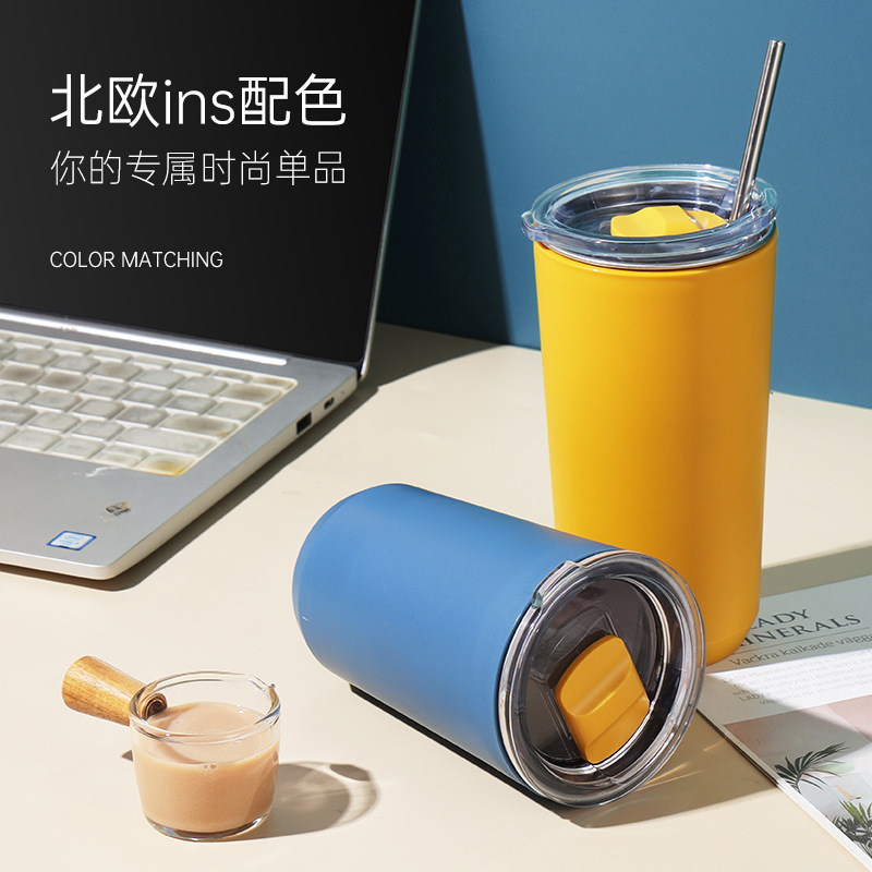 ins韩版高颜值大容量随手杯男女学生咖啡杯带盖带吸管不锈钢水杯产品图