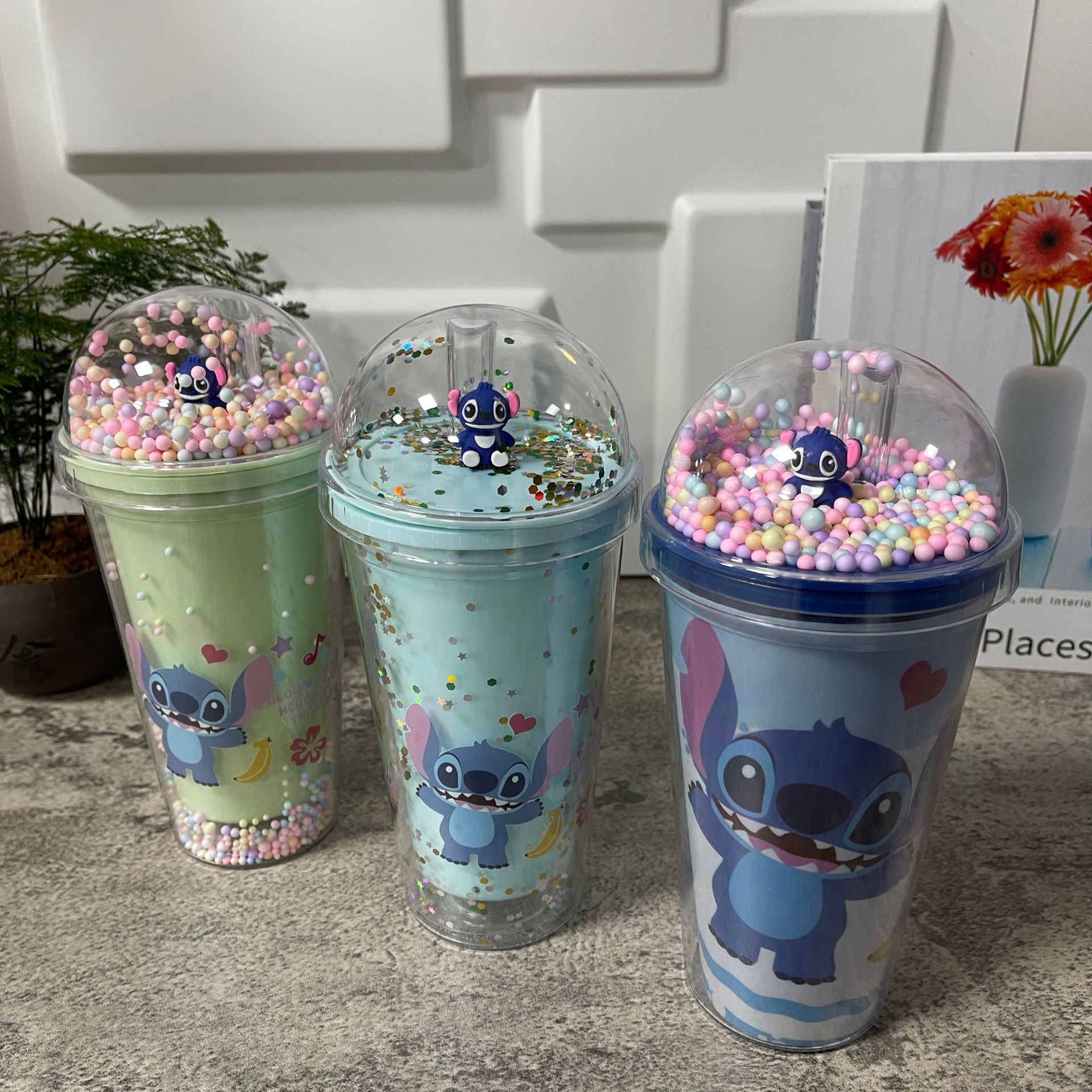 跨境新款高颜值夏季 网红史迪仔卡通塑料水杯吸管水杯双层碎冰杯