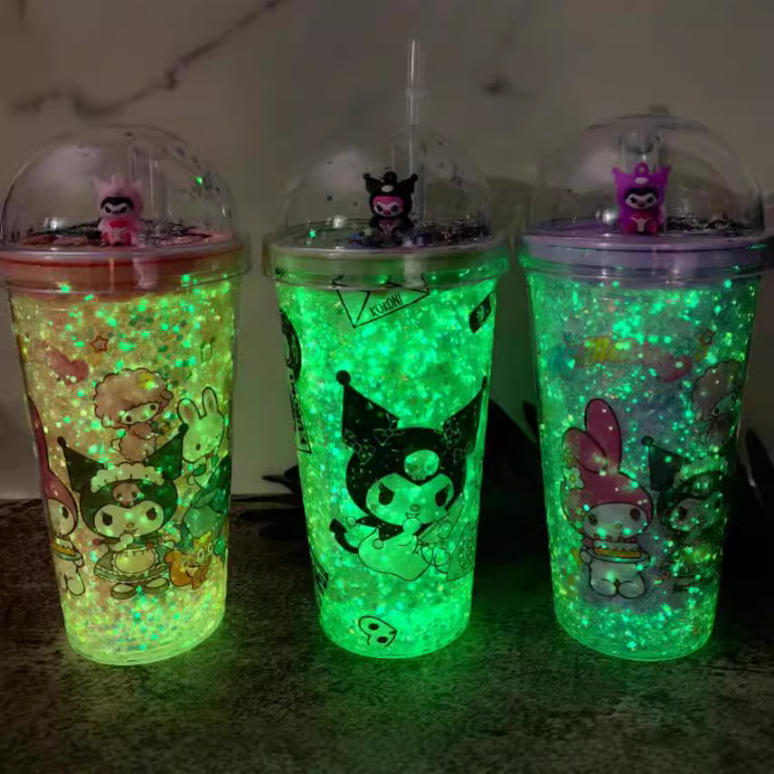 塑料吸管冰杯夜光酷洛米水杯双层杯亮片碎冰杯跨境新款史迪仔网红产品图