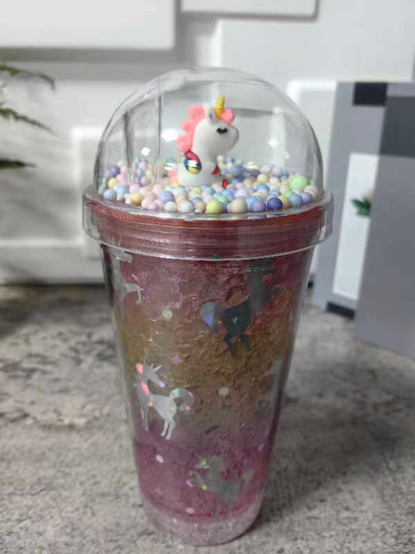 跨境新款高颜值夏季 网红独角兽卡通塑料水杯吸管水杯双层碎冰杯详情7
