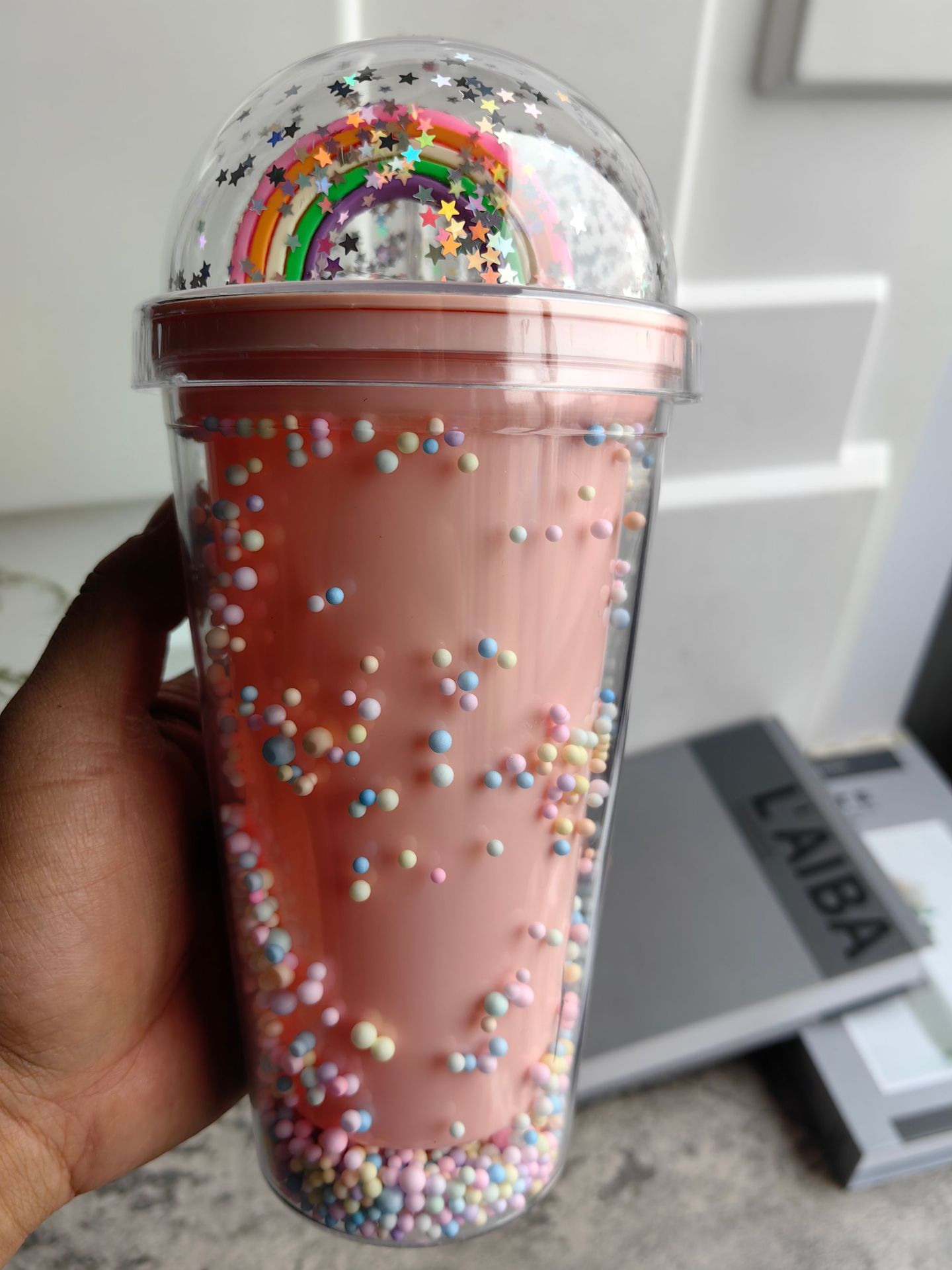 跨境新款高颜值夏季 网红彩虹卡通塑料水杯吸管水杯双层碎冰杯详情7