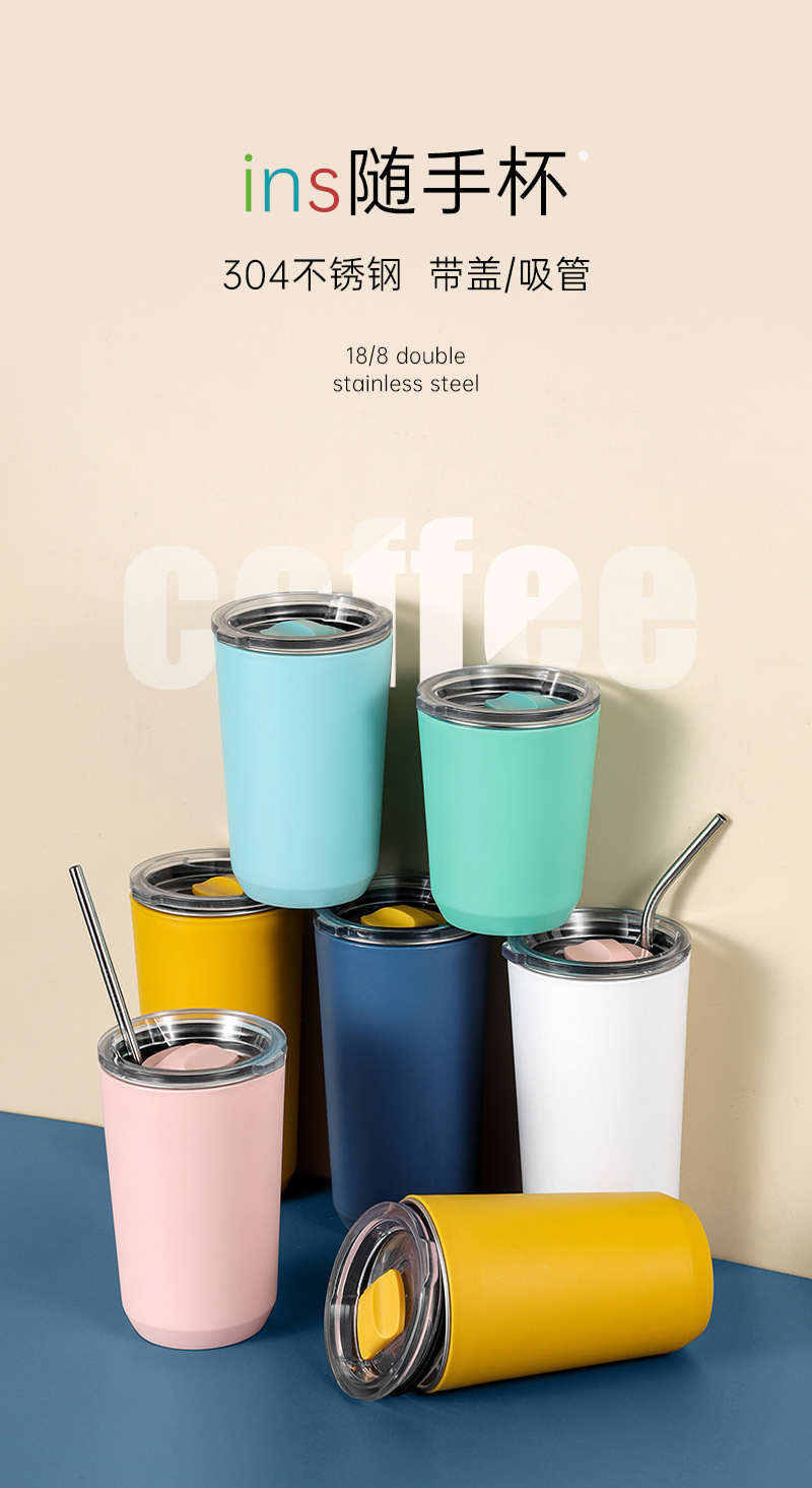 ins韩版高颜值大容量随手杯男女学生咖啡杯带盖带吸管不锈钢水杯详情1