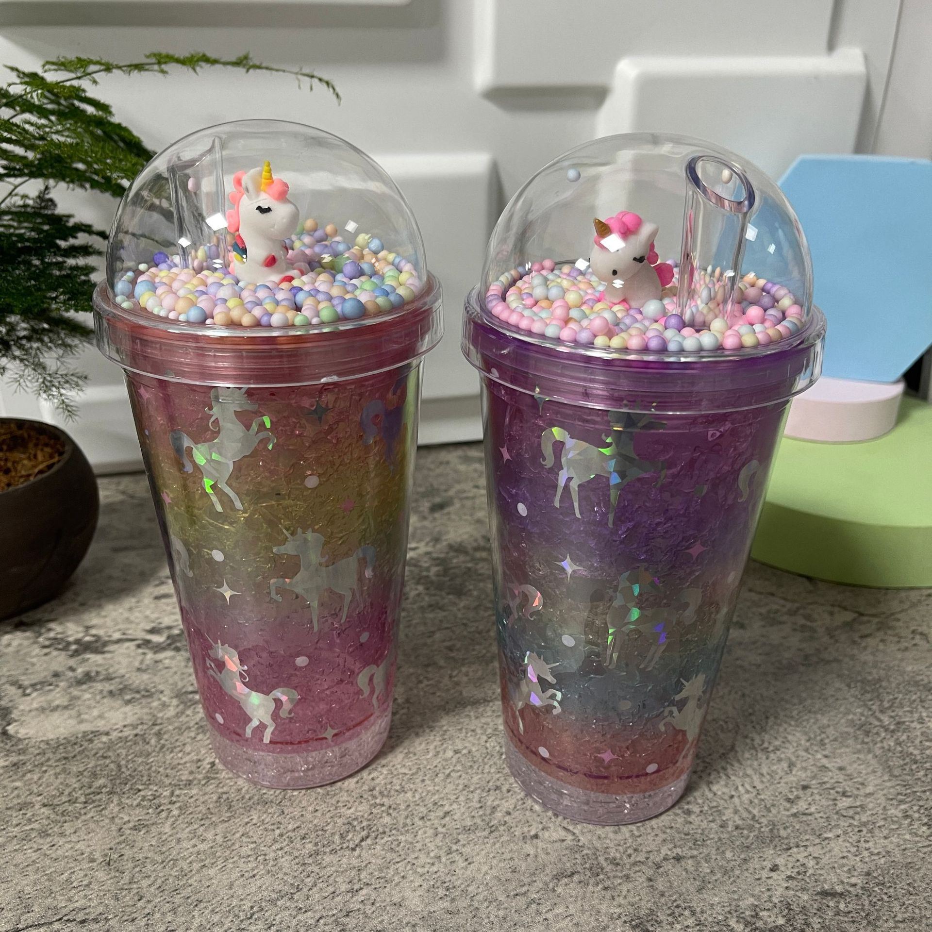 跨境新款高颜值夏季 网红独角兽卡通塑料水杯吸管水杯双层碎冰杯细节图