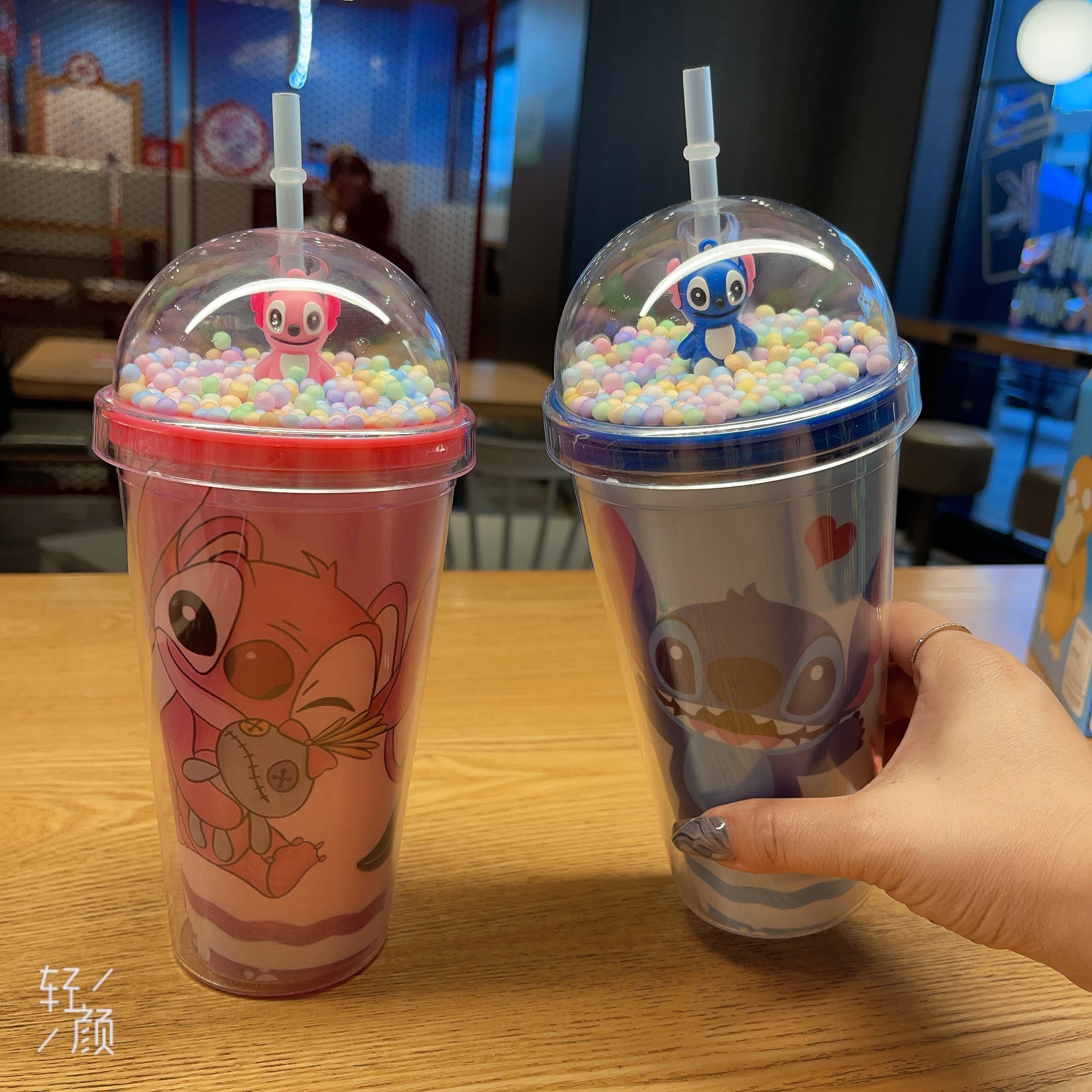 跨境新款高颜值夏季 网红史迪仔卡通塑料水杯吸管水杯双层碎冰杯