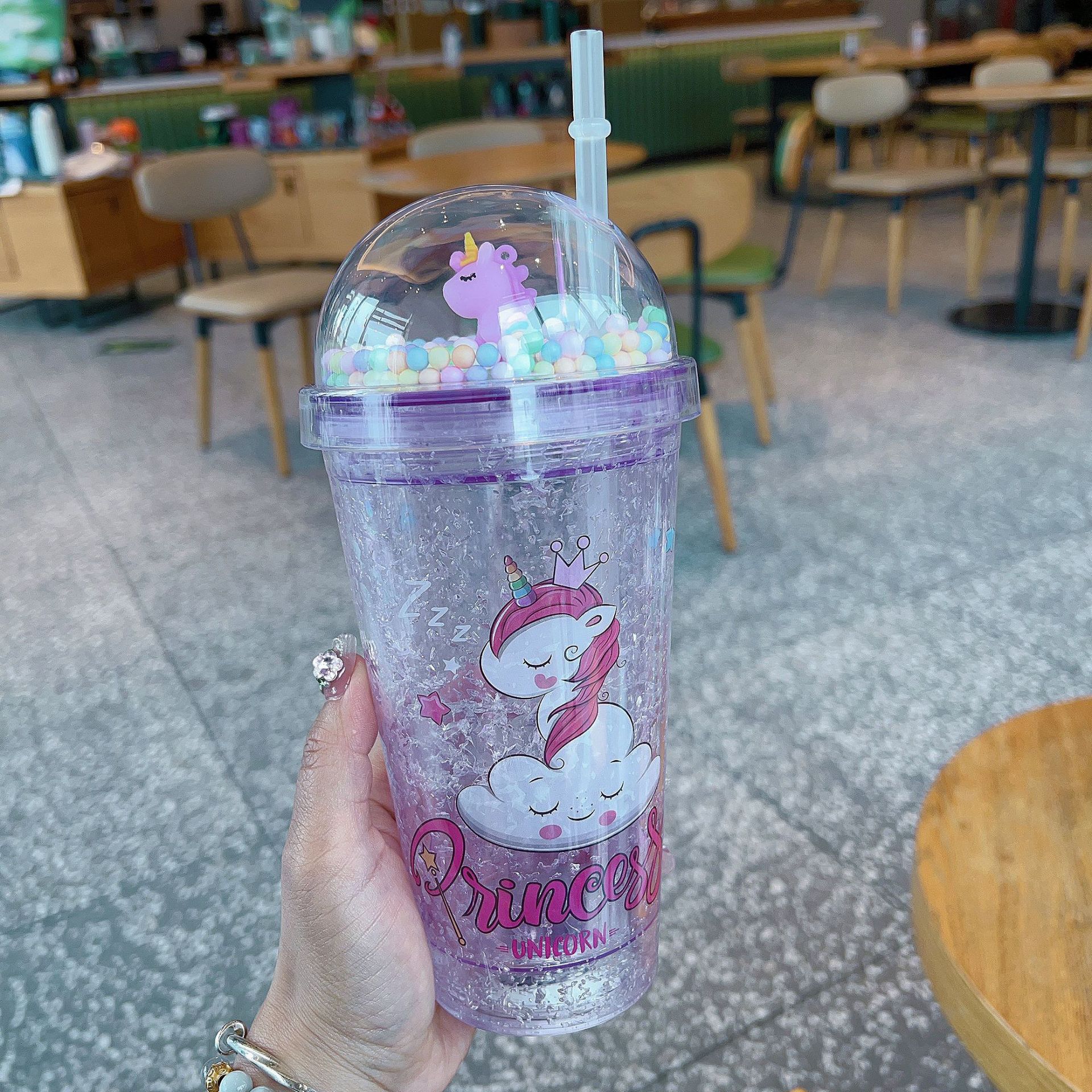 新创意跨境高颜值夏日网红独角兽卡通水杯塑料吸管水杯双层碎冰杯详情16