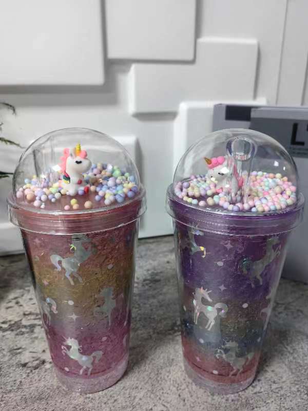 跨境新款高颜值夏季 网红独角兽卡通塑料水杯吸管水杯双层碎冰杯详情5