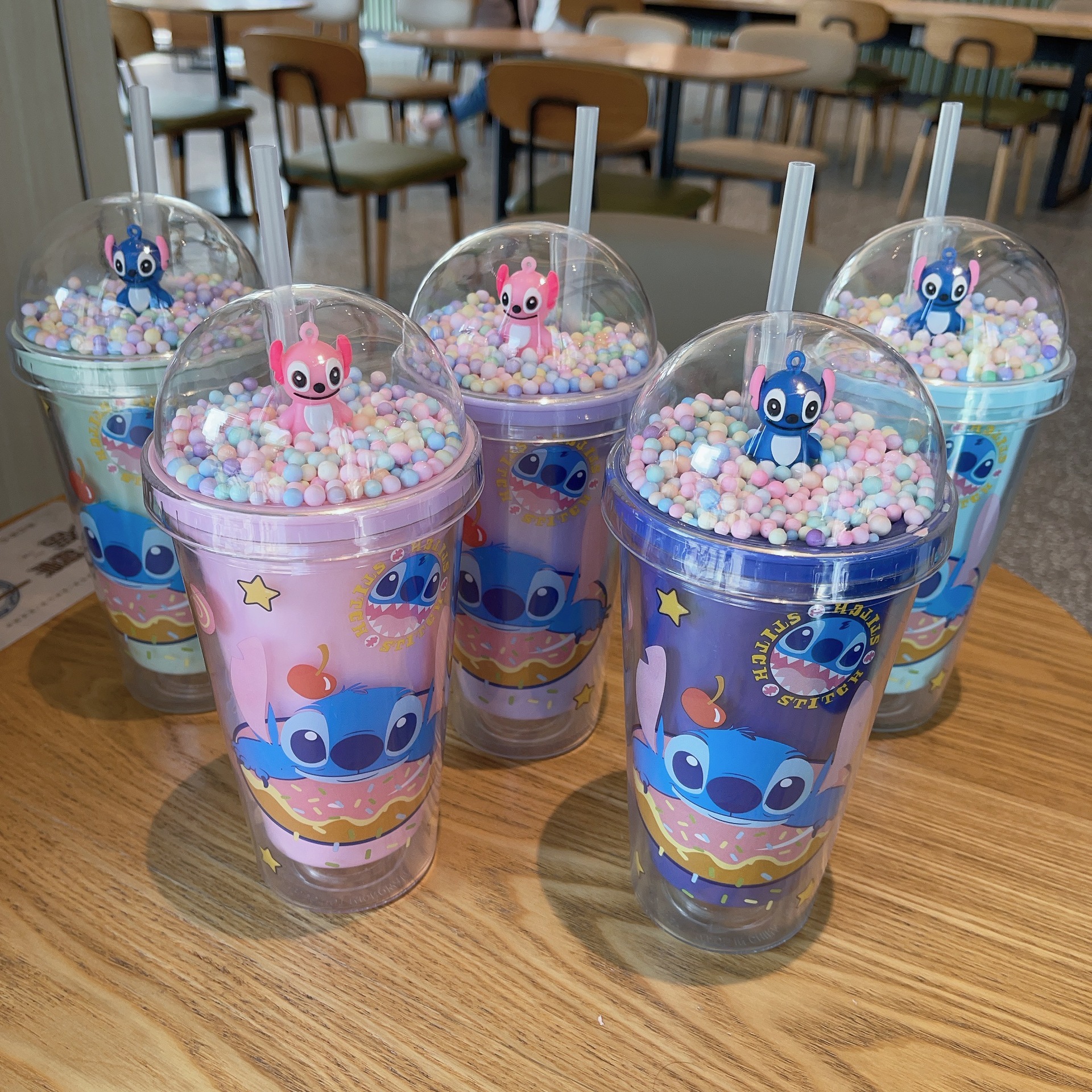 塑料吸管冰杯史迪仔卡通塑料水杯双层杯亮片碎冰杯跨境新款高颜值