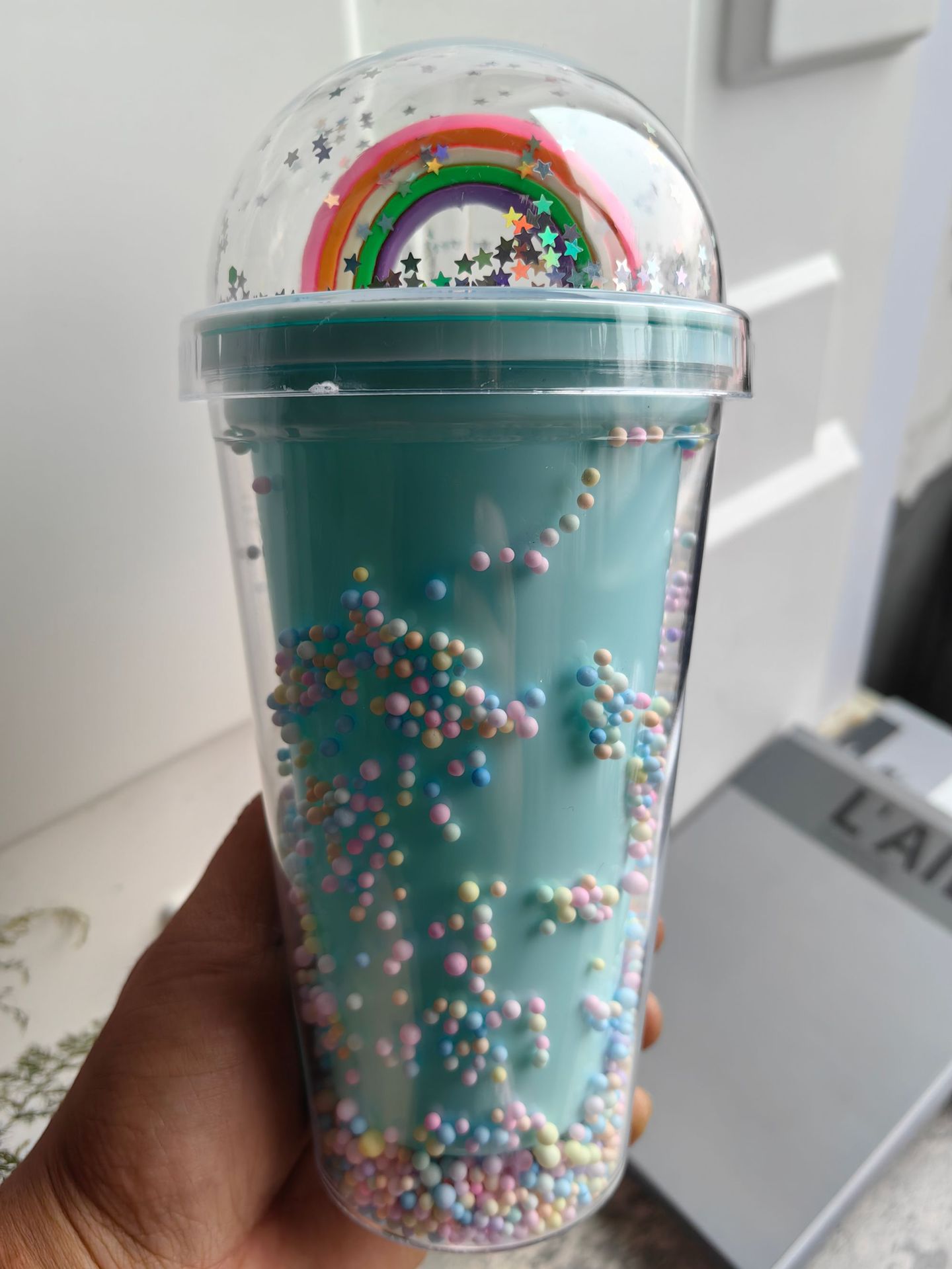 跨境新款高颜值夏季 网红彩虹卡通塑料水杯吸管水杯双层碎冰杯详情9