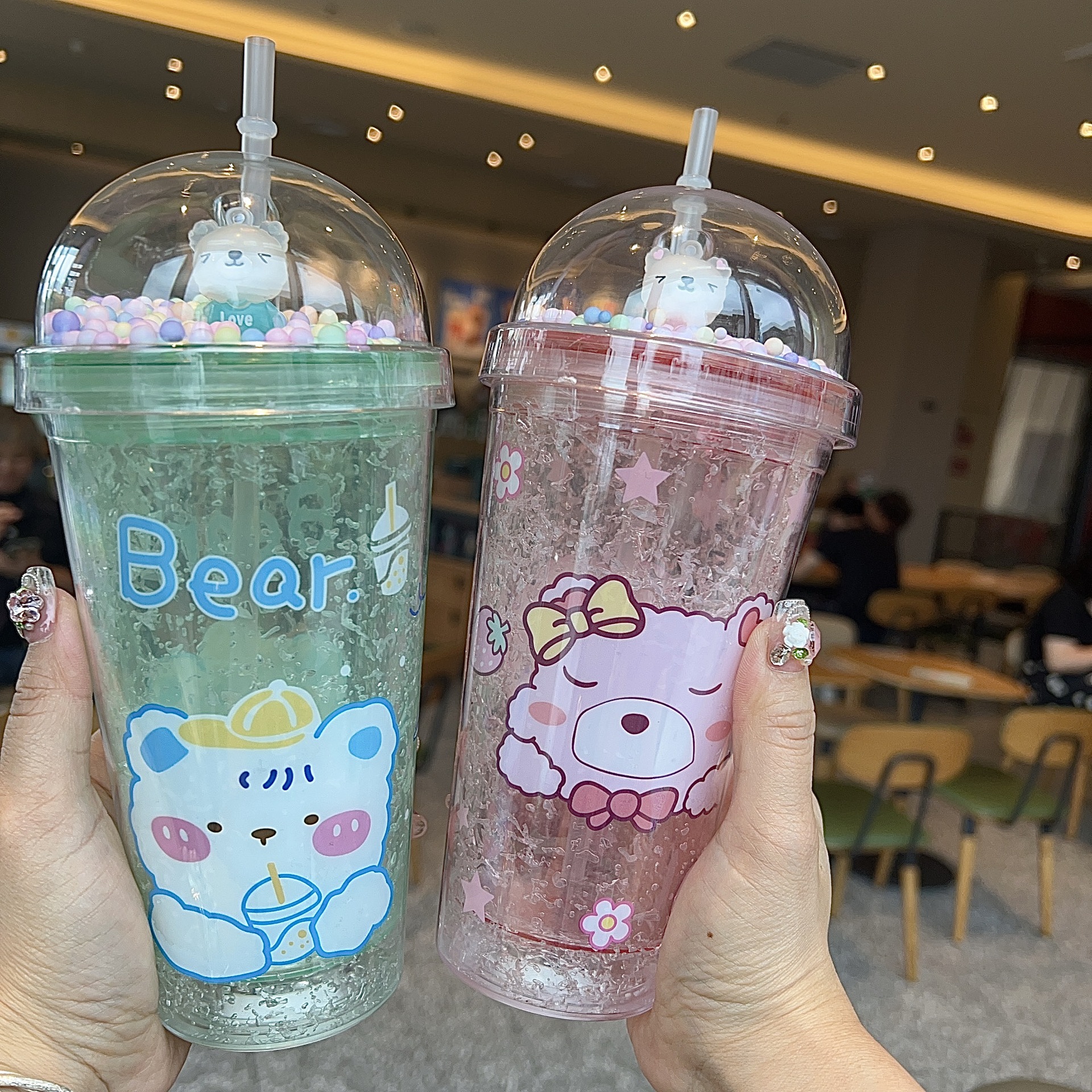 塑料吸管冰杯萌熊卡通塑料水杯双层杯亮片碎冰杯跨境新款高颜值
