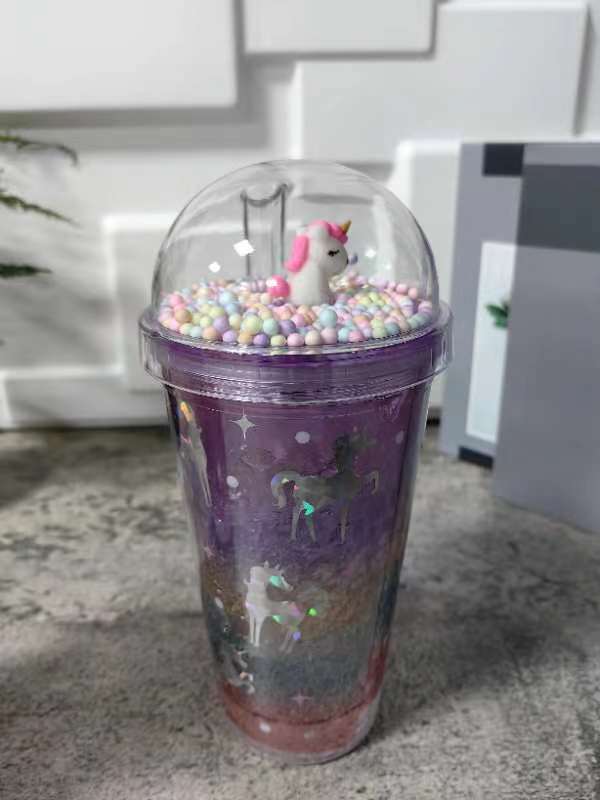 跨境新款高颜值夏季 网红独角兽卡通塑料水杯吸管水杯双层碎冰杯详情6