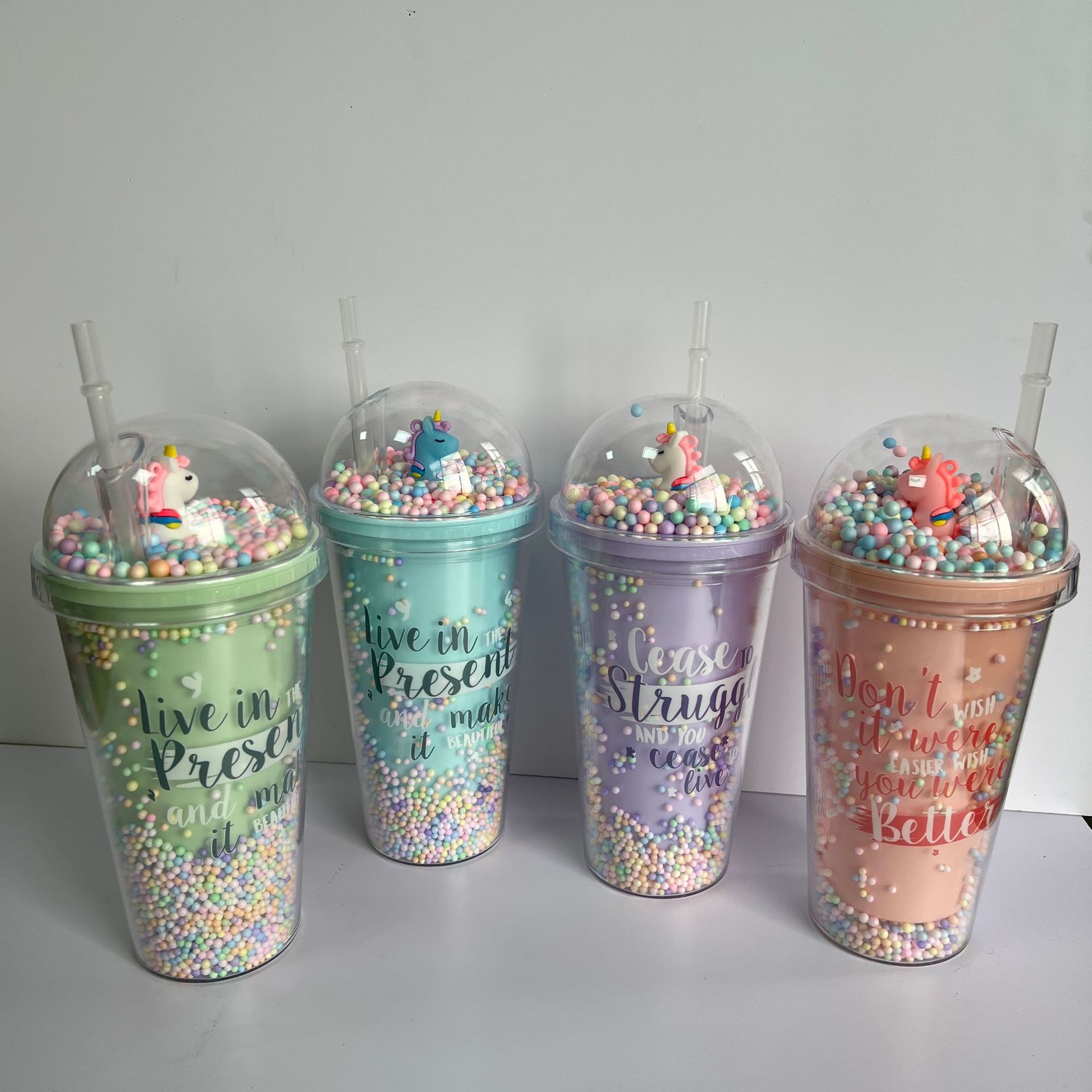 塑料吸管冰杯独角兽字母塑料水杯双层杯亮片碎冰杯跨境新款高颜值