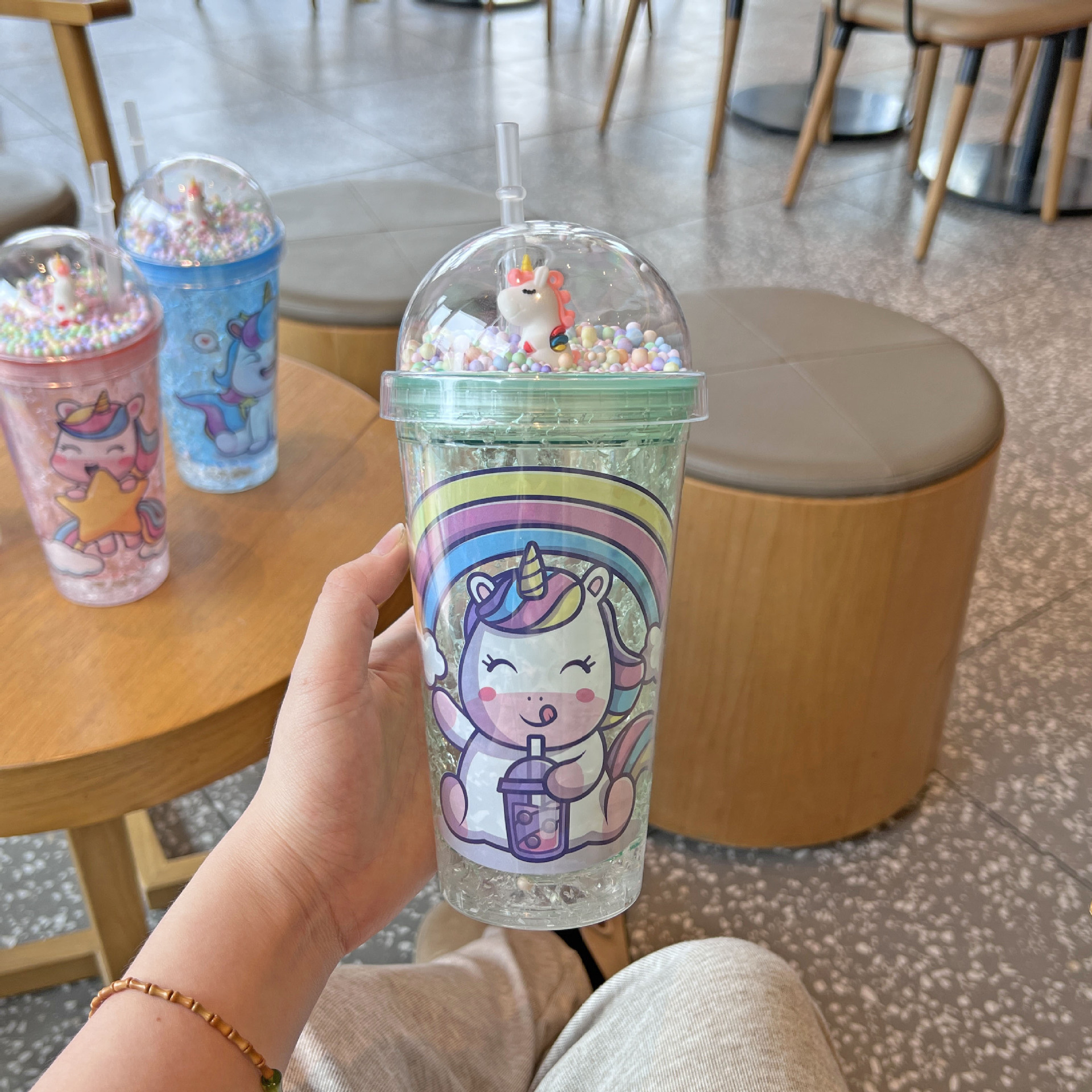 跨境新款高颜值夏季 网红美人鱼卡通塑料水杯吸管水杯双层碎冰杯详情5