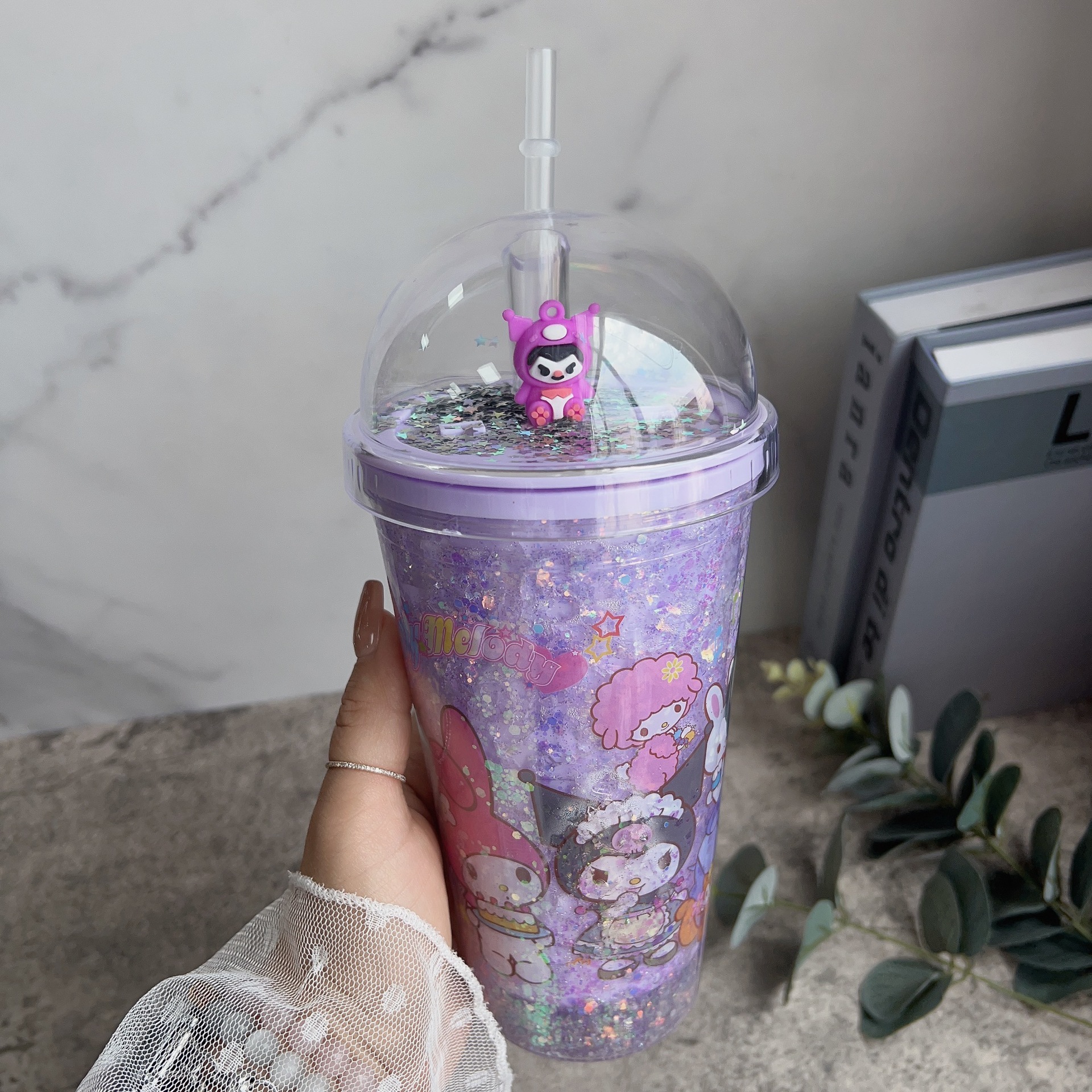 塑料吸管冰杯夜光酷洛米水杯双层杯亮片碎冰杯跨境新款史迪仔网红详情3