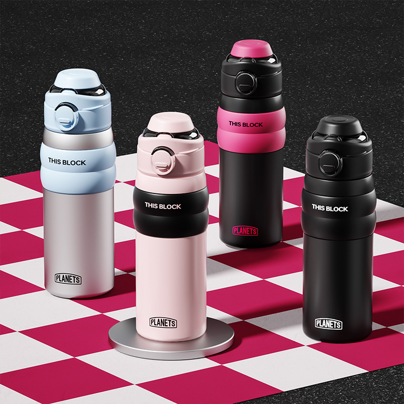 New 316 stainless steel street double-drinking thermos, high appearance level, portable sports water bottle, one-button lid opening straw cup