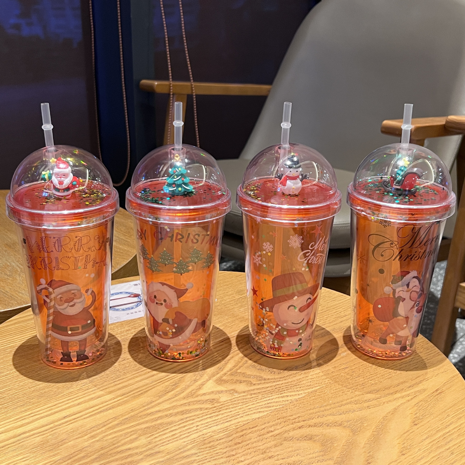 跨境新款高颜值夏季 网红圣诞卡通塑料水杯吸管水杯双层碎冰杯