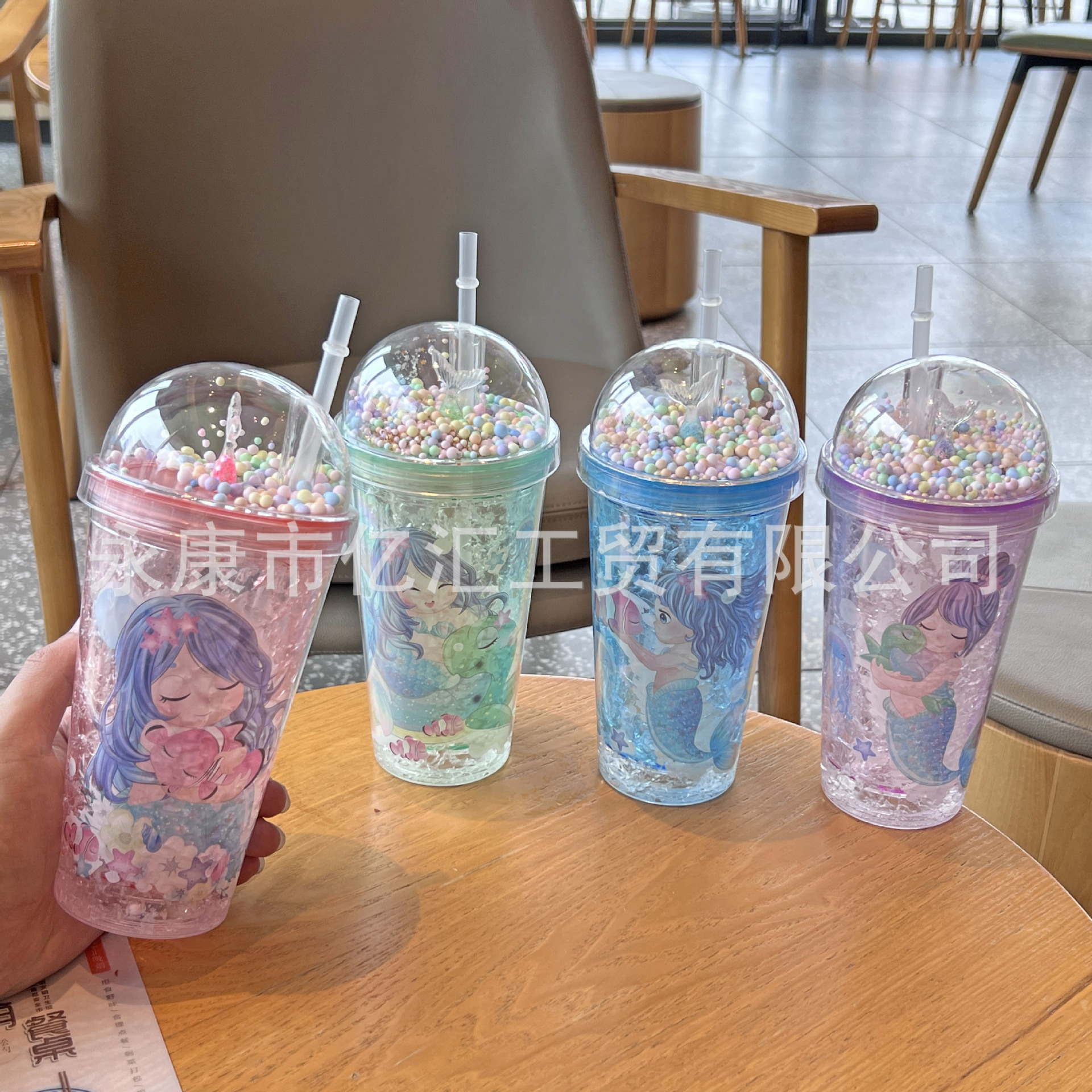跨境新款高颜值夏季 网红美人鱼卡通塑料水杯吸管水杯双层碎冰杯详情12