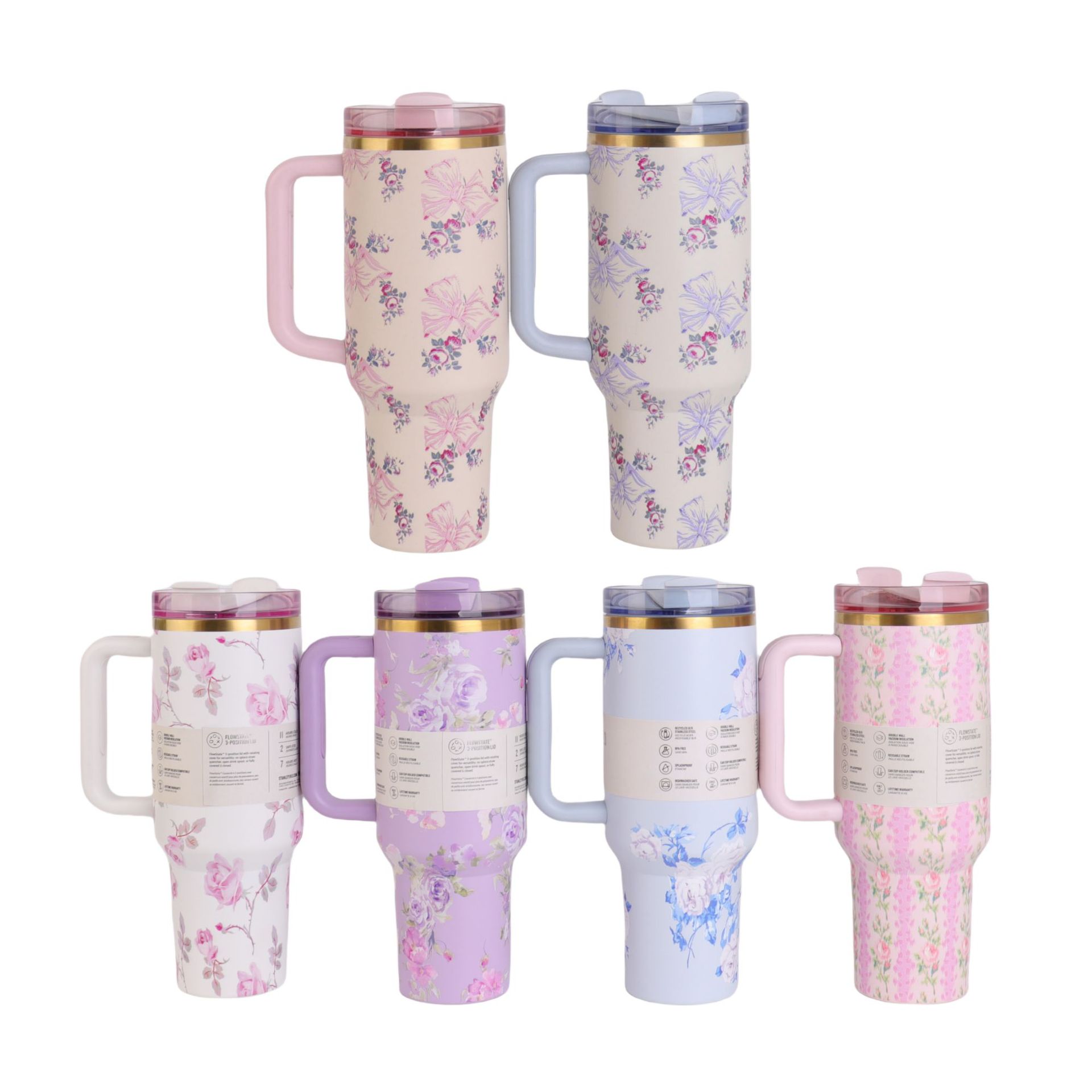 跨境爆款40oz冰霸杯繁花系列3d打印双层手柄车载304不锈钢汽车杯