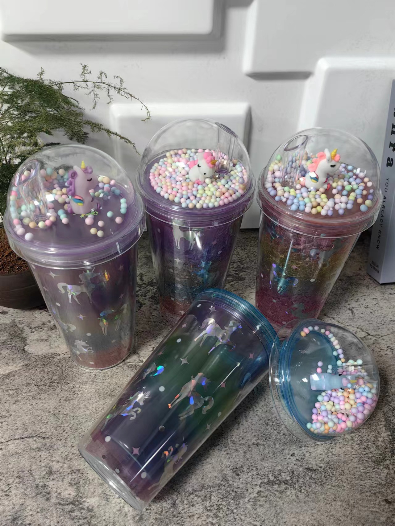 跨境新款高颜值夏季 网红独角兽卡通塑料水杯吸管水杯双层碎冰杯详情2