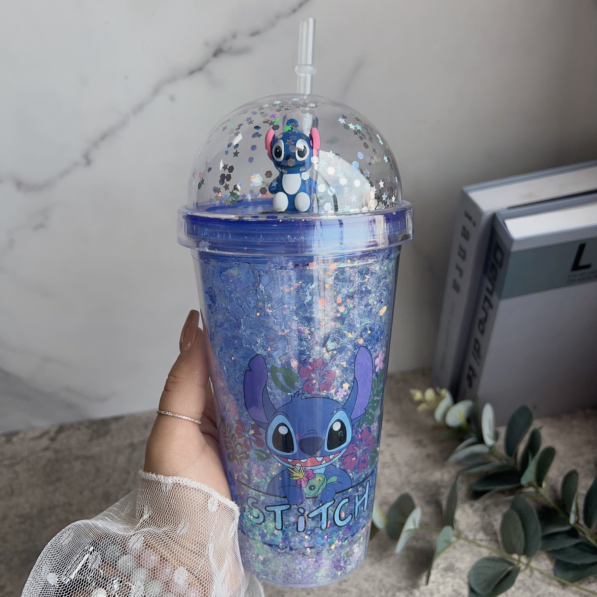 塑料吸管冰杯夜光酷洛米水杯双层杯亮片碎冰杯跨境新款史迪仔网红详情1
